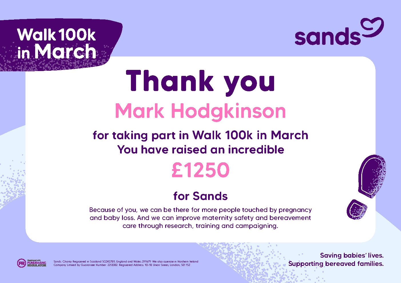 Mark achieves his target of walking 100km and raises £1,250 for the UK's leading pregnancy and baby loss charity, Sands